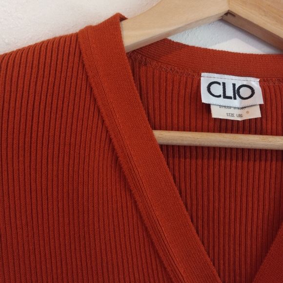 Vintage Clio burnt orange ribbed button down short sleeve sweater size Large - Picture 2 of 5